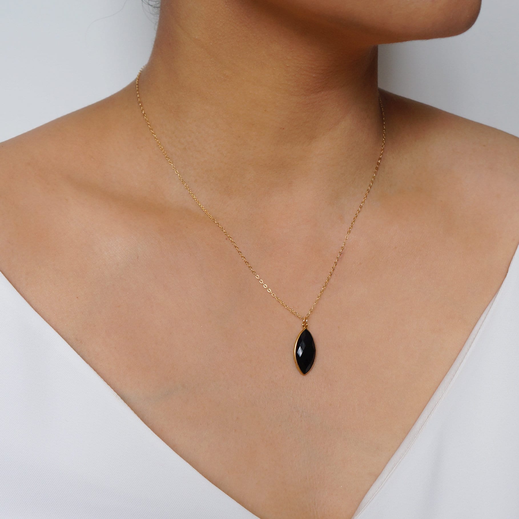 Black Onyx Marquise Pendant on 14K Gold-Fill Chain (Pavo) // Gift for wife // Dainty Handmade jewelry //