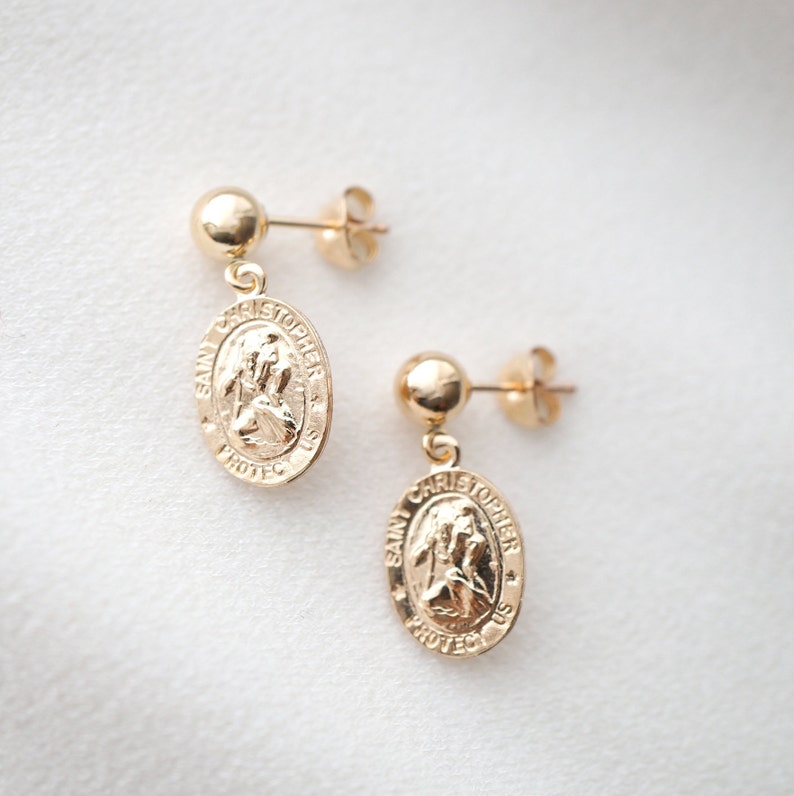 Traveler's Protection Gold Coin Medallion Stud Earrings image 0