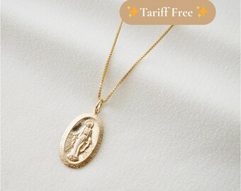聖母マリアの金貨メダリオンネックレス（メアリー・セントロ）// 14Kゴールドフィルド// 金貨ジュエリー// 宗教ジュエリー