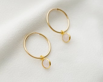 Boucles d'oreilles créoles en or quartz rose (Valais) // Cadeaux pour elle // Boucles d'oreilles faites à la main // Bijoux minimalistes