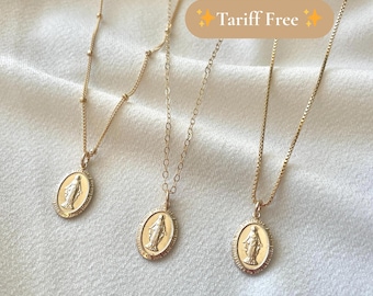 Zierliche gesegnete Mutter Jungfrau Maria 14K Gold Fill Münze Medaillon Kleine Halskette (Mary Pico) // Religiöser Schmuck // Schiffe aus Kanada