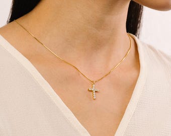 Odine Gold CZ Kreuz Halskette - Vermeil Statement Anhänger an 18 "14K Gold Fill Box Kette