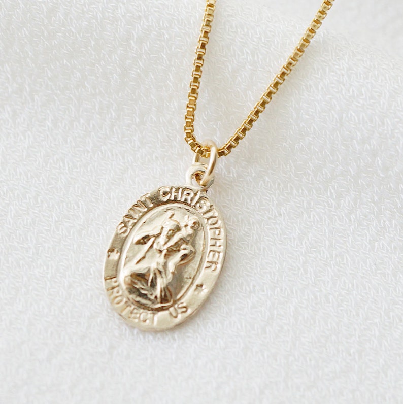 Traveler's Protection Dainty Small Gold Coin Necklace St Christopher Spiro // Saint Christopher Medal 14K Gold filled // Religious Jewelry image 2