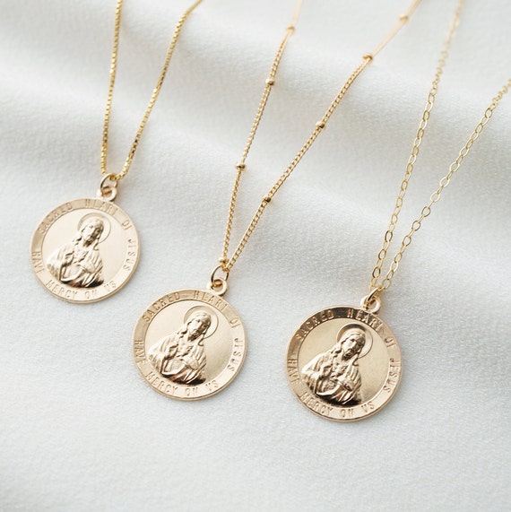 Jesus Medal 18k Gold Plated Necklace Chain 17 Sagrado Corazon de Jesus 