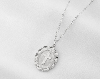 Cross Sterling Silver Coin Medallion Necklace (Monet) // Ships from USA