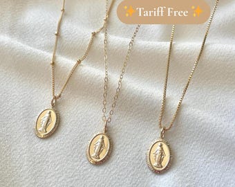 Zierliche Wunderbare Mutter Jungfrau Maria Goldmünze Medaillon Kleine Halskette (Mary Pico) // 14K Gold filled // Religiöser Schmuck
