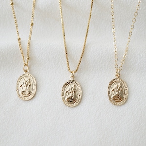 Traveler's Protection Dainty Small Gold Coin Necklace St Christopher Spiro // Saint Christopher Medal 14K Gold filled // Religious Jewelry image 1