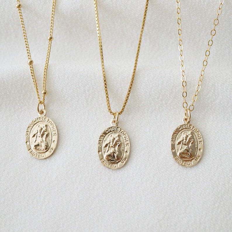 Traveler's Protection Dainty Small Gold Coin Necklace St Christopher Spiro // Saint Christopher Medal 14K Gold filled // Religious Jewelry image 1