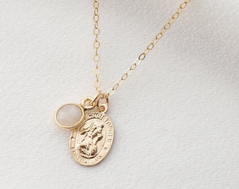 Collar de piedra lunar con medallón de moneda de oro de protección del viajero (San Cristóbal Spiro Cira) // 14K lleno de oro // Joyas de monedas de oro