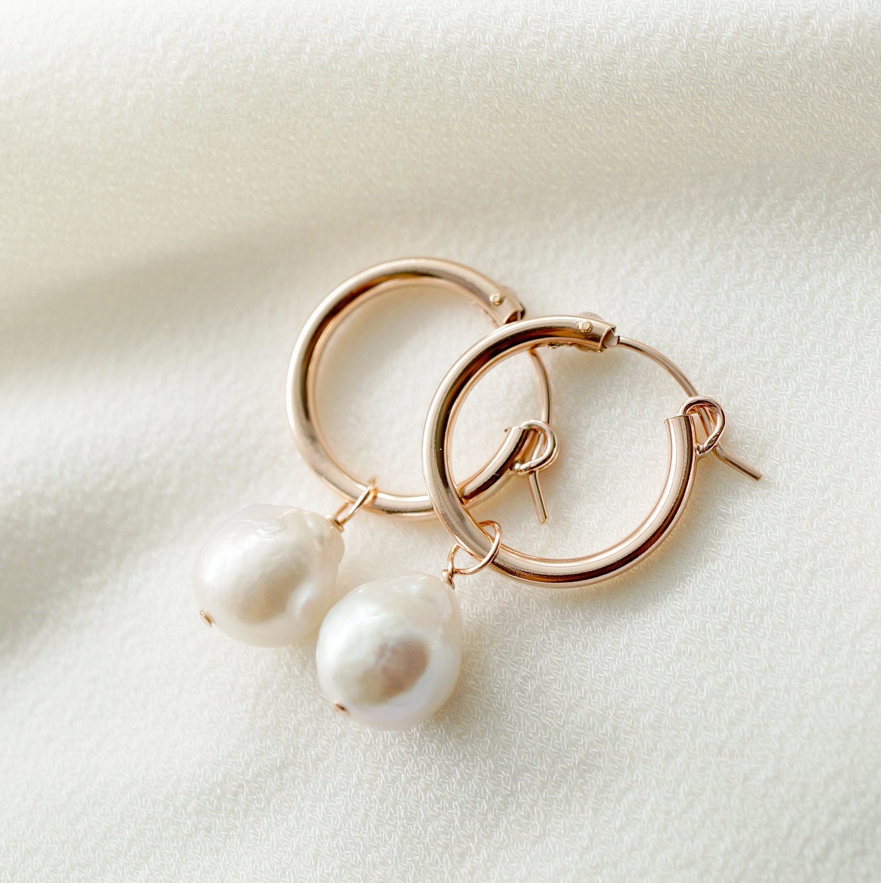Baroque Pearl Rose Gold Hoop Earrings Claudette // Bridal | Etsy
