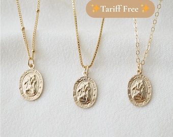 Traveler's Protection Dainty Small Gold Coin Necklace (St Christopher Spiro) // Saint Christopher Medal 14K Gold filled // Religious Jewelry