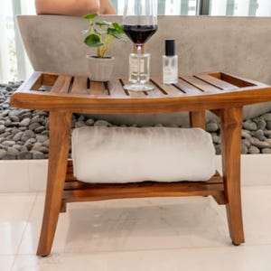 Teak Shower Bench, Teak Shower Stool, Teak Shower Seat, Wooden Shower Bench with Shelf, Bathroom Decor - Fully Assembled