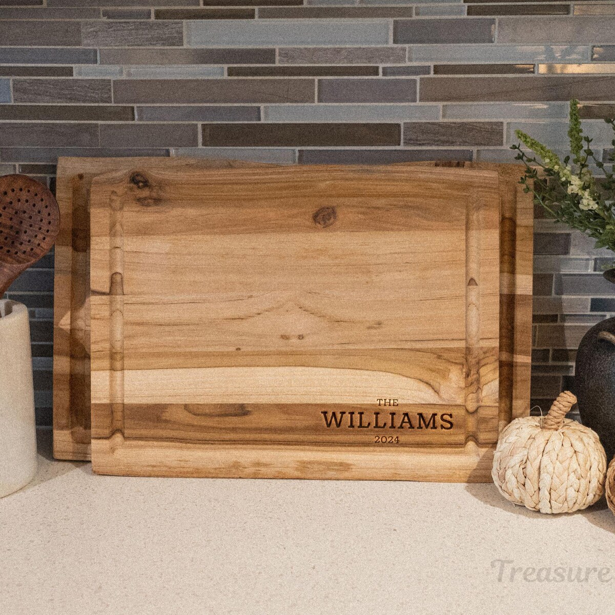 Personalized & Handmade Teak Cutting Board, Custom Cutting Board, Butcher Block, Live Edge With Handle, Laser Engraved