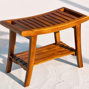 Teak Shower Bench, Teak Shower Stool, Teak Shower Seat, Wooden Shower Bench with Shelf, Bathroom Decor - Fully Assembled