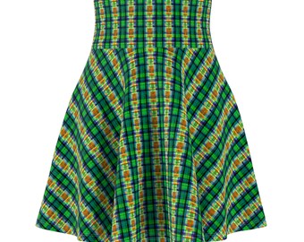 Groen en geel blokpatroonontwerp - Skaterrok voor dames (AOP). Modieus, gedurfd en elegant ontwerp. Zomer of een avondje uit.