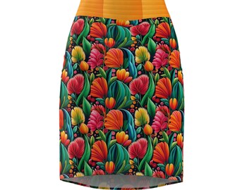 Floral design with Sand waist - bright and bold. Women's Pencil Skirt (AOP). Vibrant Colors and plaid design. Women, Fashion Forward.