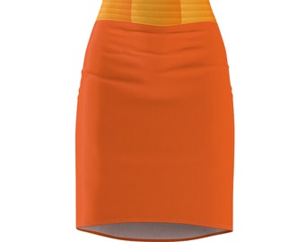 Oranje en zand - helder en krachtig. Kokerrok voor dames (AOP). Levendige kleuren en geruit ontwerp. Dames, modieus, stijlvol, strak.