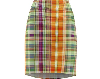 Colorful Plaid design Women's Pencil Skirt (AOP). Vibrant Colors and plaid design. Women, Fashion Forward, Stylish, Sleek.