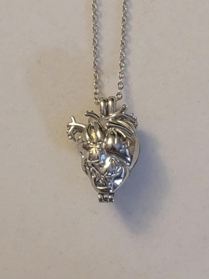 Op de afbeelding: Een zilveren ketting met een hartvormige hanger met een gedetailleerd anatomisch ontwerp. De hanger is open en klaar om een ​​speciale boodschap of een aandenken te bevatten.
