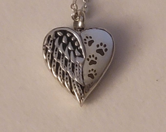 Silver Heart with Angel Wing and Paw Prints Cremation Urn Necklace, Cremation Jewelry, Urn , Memorial Jewelry, Cremation Jewelry, For Pet