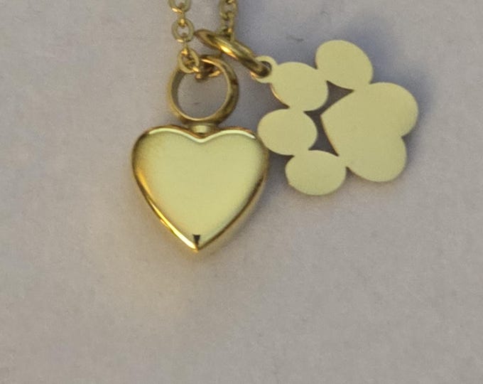 Gold Heart Pawprint Cremation Urn Necklace - Memorial Jewelry