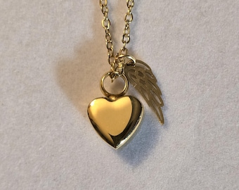 Gold Heart Angel Wing Cremation Urn Necklace - Memorial Jewelry