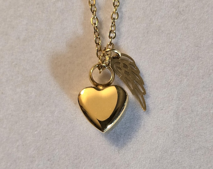 Gold Heart with Angel Wing Cremation Urn Necklace, Memorial Necklace, Memorial Jewelry, Cremation Necklace, Cremation Jewelry, Gift