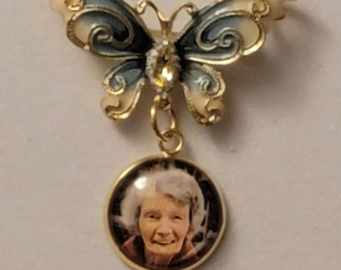 Gold and Blue Wedding/Bridal Bouquet Photo Charm Pin, Bouquet Photo Pin, Memorial Pin, Memorial Photo Pin, Photo Pin, Wedding, Bouquet Pin