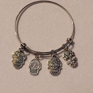 Silver Sugarskull Bangle Bracelet, Sugar Skull Charm Bracelet, Charm Bracelet, Sugar Skulls, Skull Bracelet, Bracelet, Skelton, Gift