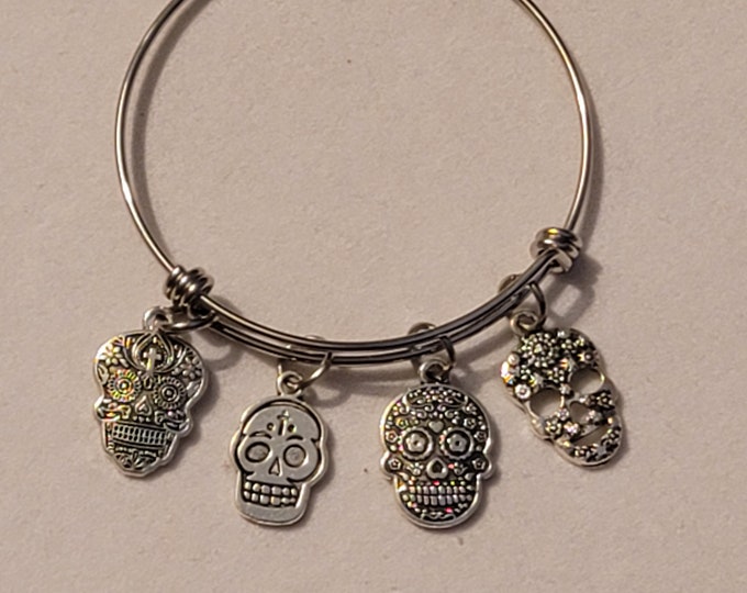 Silver Sugarskull Bangle Bracelet, Sugar Skull Charm Bracelet, Charm Bracelet, Sugar Skulls, Skull Bracelet, Bracelet, Skelton, Gift
