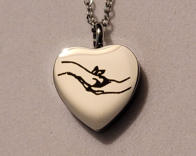 Silver Heart with Dog Paw in Human Hand Cremation Urn Necklace, Cremation Jewelry, Urn Jewelry, Ashes, Necklace, Cremation Jewelry, For Dog
