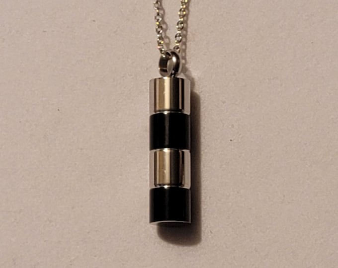 Black and Silver Tubular Cremation Urn Necklace, TeaUrn, Necklace For Ashes, Holds Human Remains,