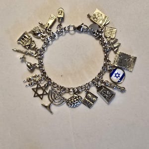 Silver Jewish Charm Bracelet: Chai, Torah, Star of David