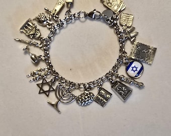 Silver Jewish Charm Bracelet: Chai, Torah, Star of David