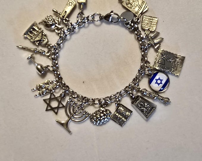 Silver Jewish Charm Bracelet: Chai, Torah, Star of David