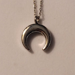 May include: A silver crescent moon pendant necklace. The pendant is a simple, minimalist design with a smooth, polished finish.