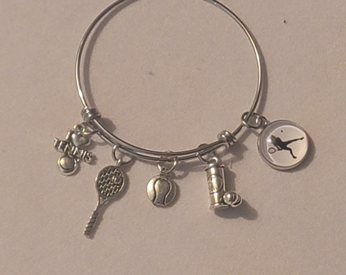 Silver Tennis Bangle Bracelet, Charm Bracelet, Tennis Bracelet, Bracelet, Tennis Lover, Gift, Tennis Charm Bracelet