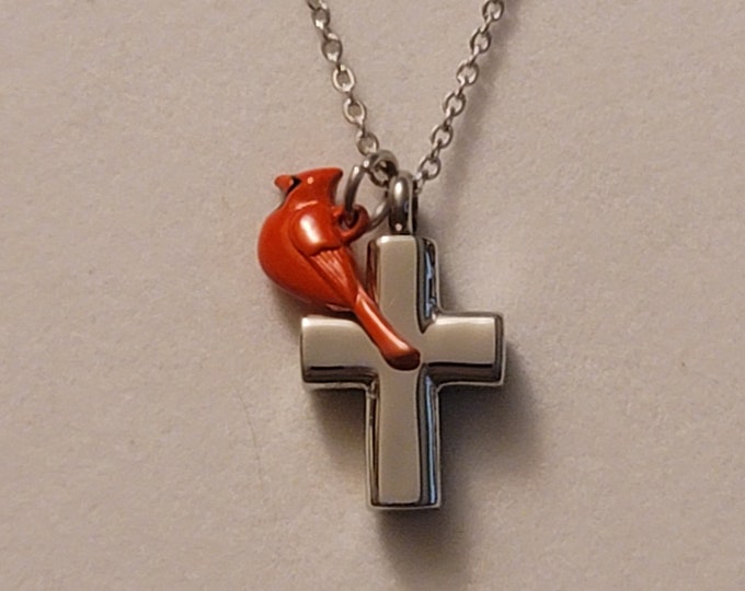 Silver Cross with Cardinal Cremation Urn Necklace, Cremation Jewelry, Memorial Jewelry, Urn Jewelry, Cremation Necklace, Memorial Necklace