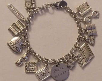 Silver Book Lover Charm Bracelet: Stainless Steel Chain, Reading Gift