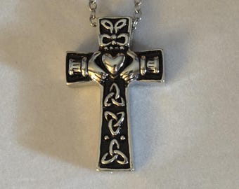 Silver Claddagh Cross Cremation Necklace: Stainless Steel Urn Jewelry