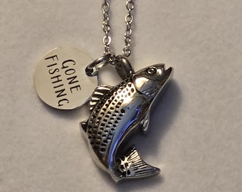 Silver Bass Fish Cremation Urn Necklace: Stainless Steel Fishing Jewelry