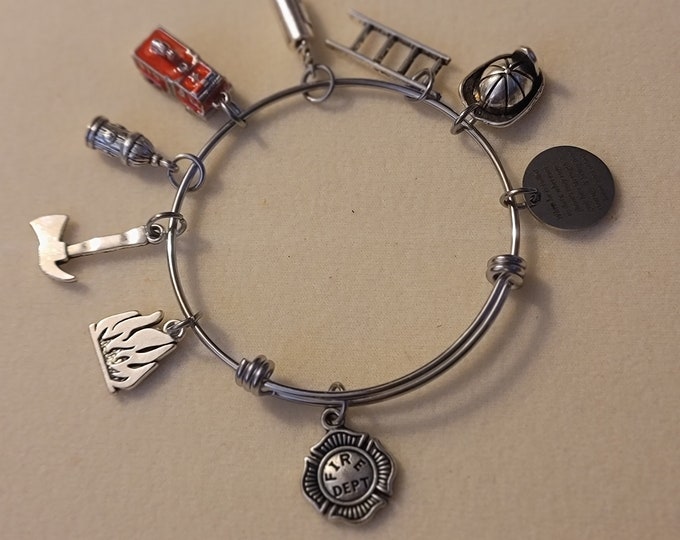 Silver Firefighter Bangle Bracelet, Charm Bracelet,  Bracelet, Firefighter Charm Bracelet, Gift