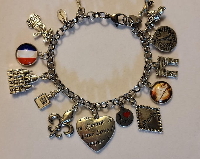 Silver Paris France Chain Bracelet, Paris Charm Bracelet, Bracelet, Paris Bracelet, Charm Bracelet, Chain Bracelet, Paris, France, French