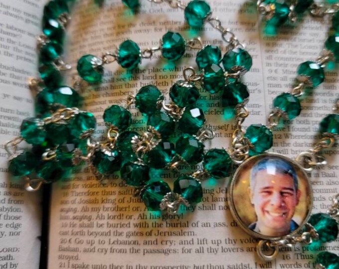 Silver with Green Custom Photo Rosary Beads, Prayer Beads, Photo Prayer Beads, Gift, Picture, Rosary Beads, Photo, Custom