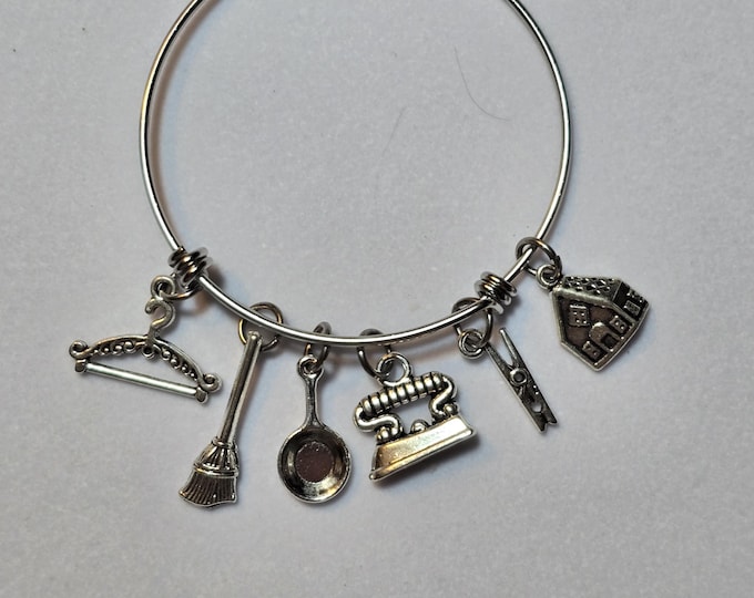 Housekeeper Charm Bangle Bracelet: Broom, Iron, & House Charms