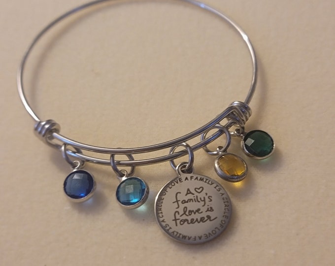 Silver Custom Family Birthstone Bangle Bracelet, Birthstone Bracelet, Bracelet, Charm Bracelet, Birthstone Charm Bracelet, Gift