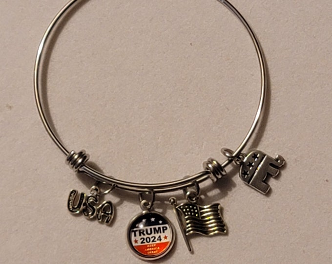 Silver Trump 2024 Bangle Bracelet, Republican Bangle Bracelet, Donald Trump For President 2024, Bracelet, Charm Bracelet, Gift, Election 24