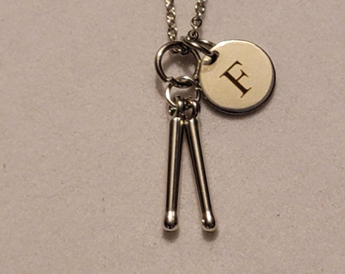 Silver Drumstick Charm Necklace with Initial, Drums, Necklace, Drummer, Gift For Drummer, Music Jewelry, Rock Band, Necklace, Drumsticks