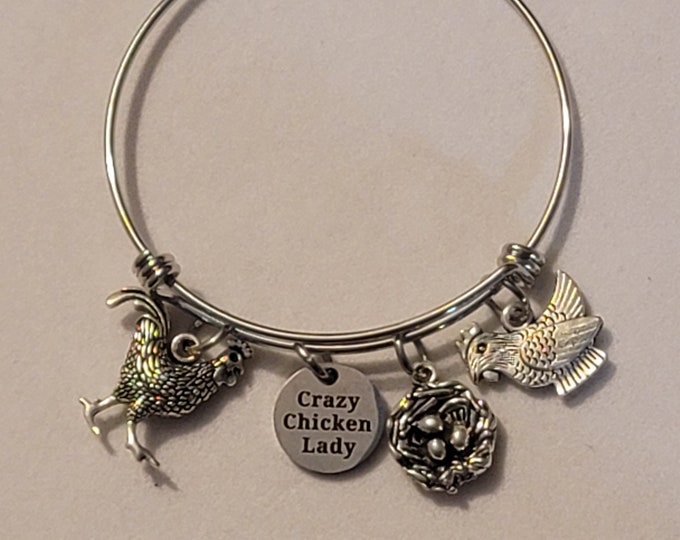 Silver Crazy Chicken Lady Bangle Bracelet, Charm Bracelet,  Gift, Bracelet, Chicken Bracelet,  Farmer, Charm Bracelet, Chicken Lover, Gift