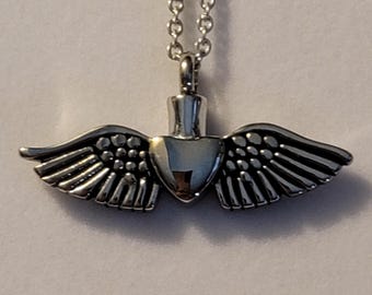 Silver Heart Angel Wings Cremation Urn Necklace - Memorial Jewelry,  For Ashes